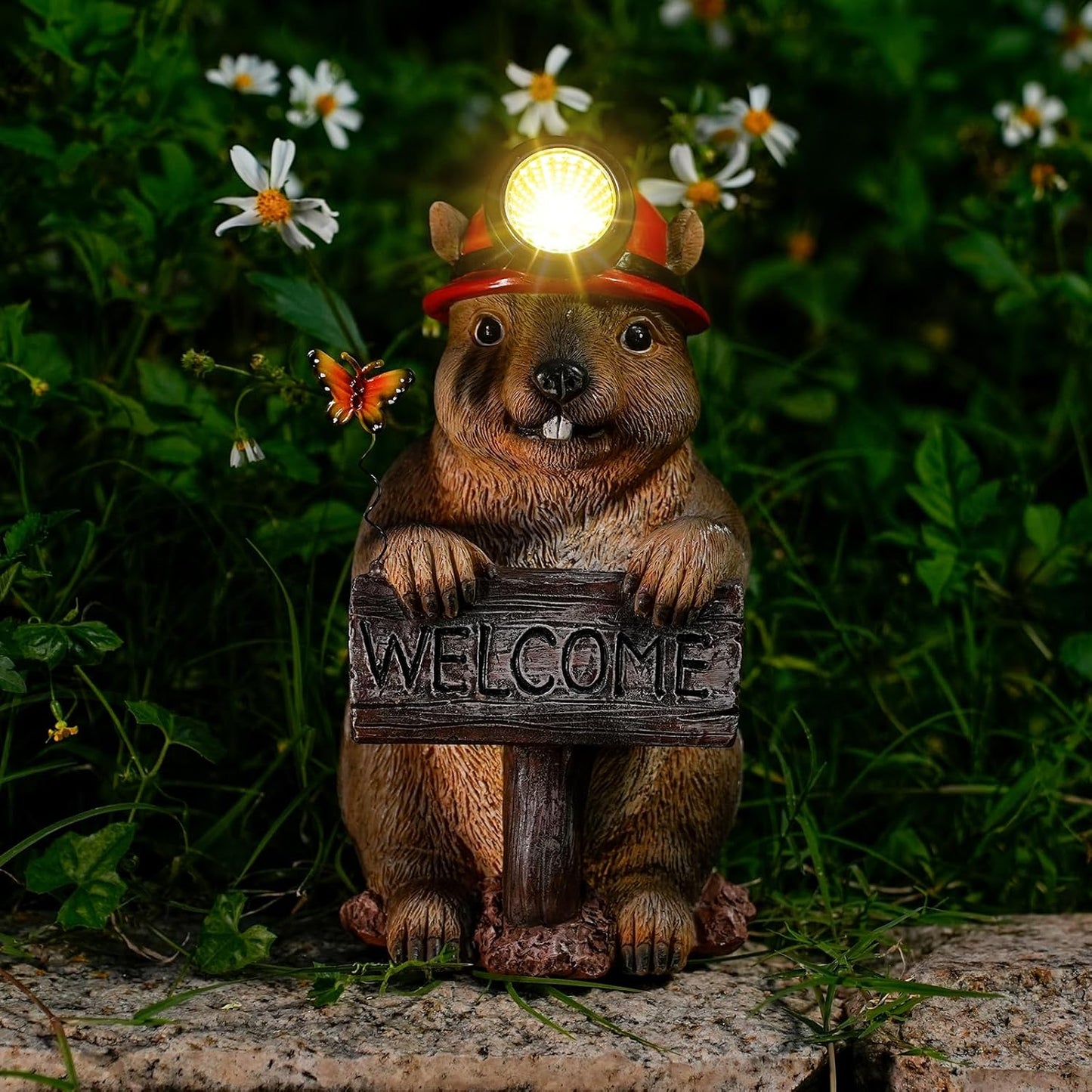 Groundhog Welcome Garden Statue with Solar Headlamp – Funny Animal Outdoor Yard Decor with LED Light and Butterfly – Waterproof Resin Garden Ornament for Patio, Lawn, Pathway