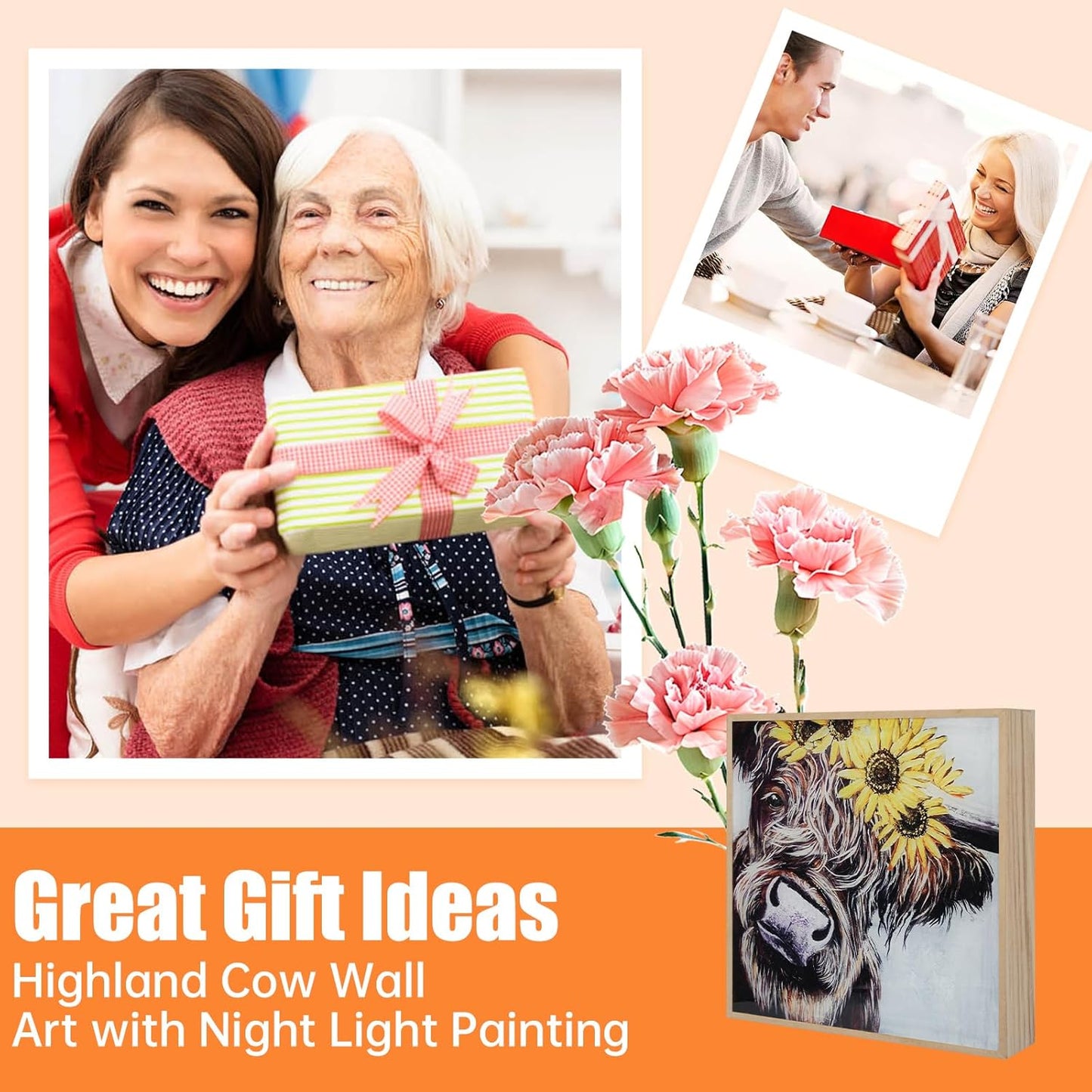 Animal Highland Cow Wall Art with Night Light Painting Woodgrain Picture Framed Modern for Bathroom Living Room Bedroom Nursery Room Dining Room Kitchen Wall Decor Gifts 11.5"x11.5"