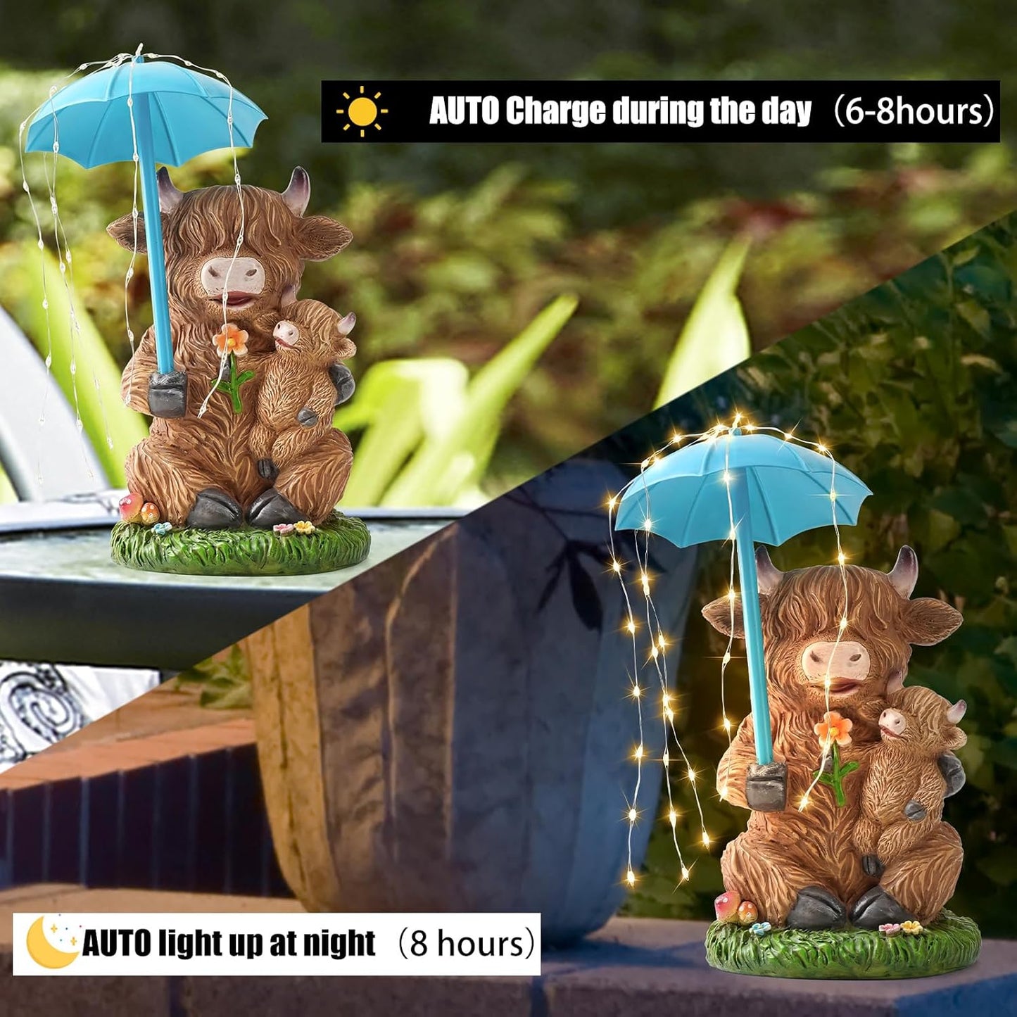 Solar Garden Statues Resin Loving Highland Cow Umbrella Lights Outdoor Decor Gifts for Yard, Patio Decorations
