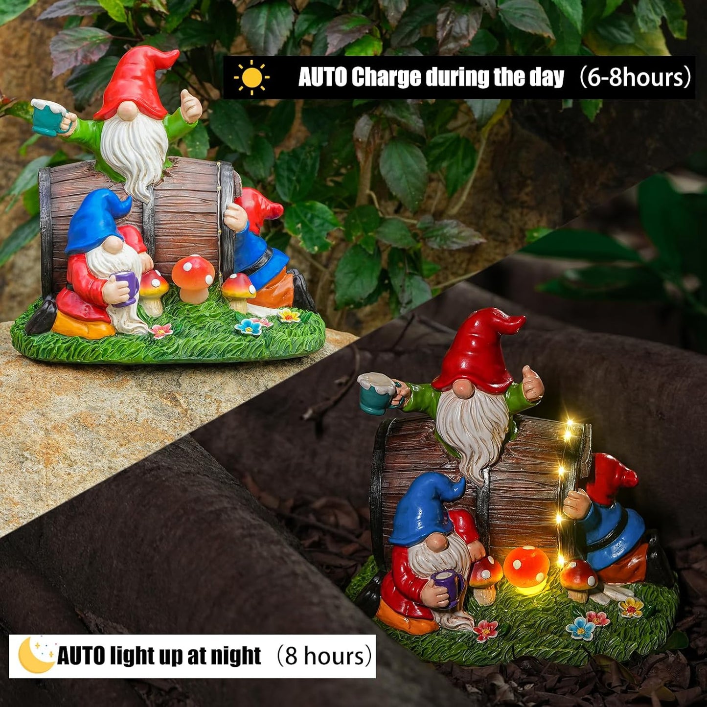 Whimsical Garden Drunken Gnome Statue with Solar Light Mushrooms and Wine Barrel - Fun Resin Outdoor Decoration for Yard, Patio, or Home