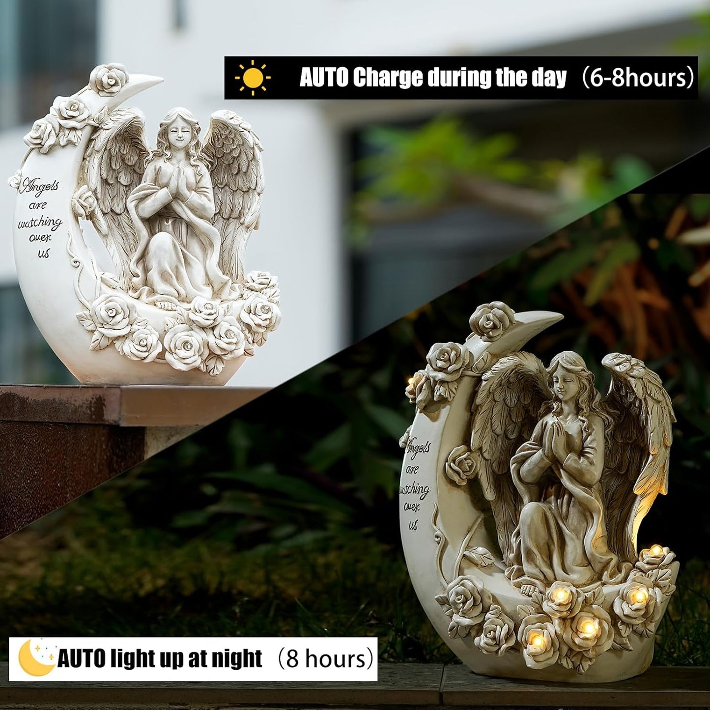 Garden Moon Angel Cute Statues Gifts Resin Solar LED Lights Funny Decor Yard Patio Outside Decoration Gifts, Silver, TOTY02