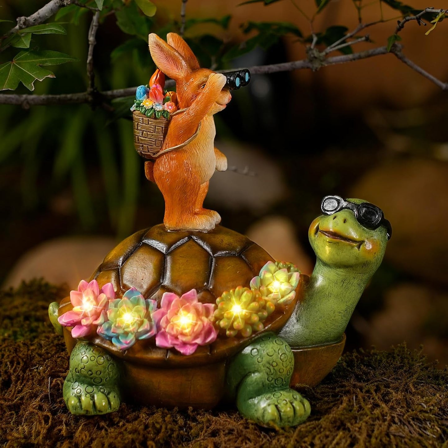 Solar Turtle Garden Statue with Bunny and LED Succulent Flowers – Outdoor Lawn Decor with Lights, Cute Animal Yard Ornament for Patio, Pathway, or Garden Gift (Gnome)