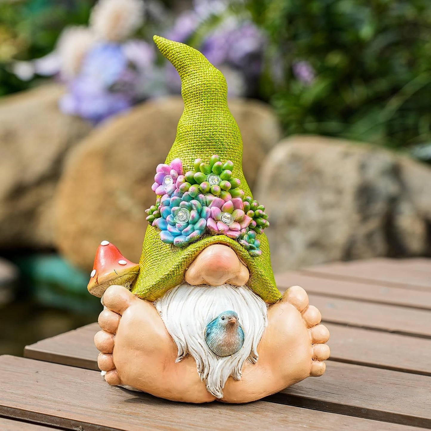 Solar Turtle Garden Statue with Bunny and LED Succulent Flowers – Outdoor Lawn Decor with Lights, Cute Animal Yard Ornament for Patio, Pathway, or Garden Gift (Gnome)