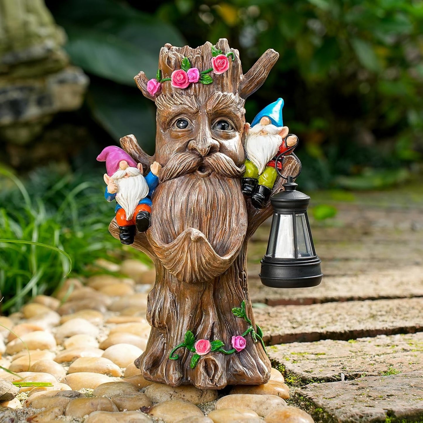 Whimsical Tree Ent Garden Statue with Gnomes – Solar Powered Outdoor Decor with LED Lantern, Funny Yard Ornament for Lawn, Patio, Porch, or Garden Pathway (Tree Face)