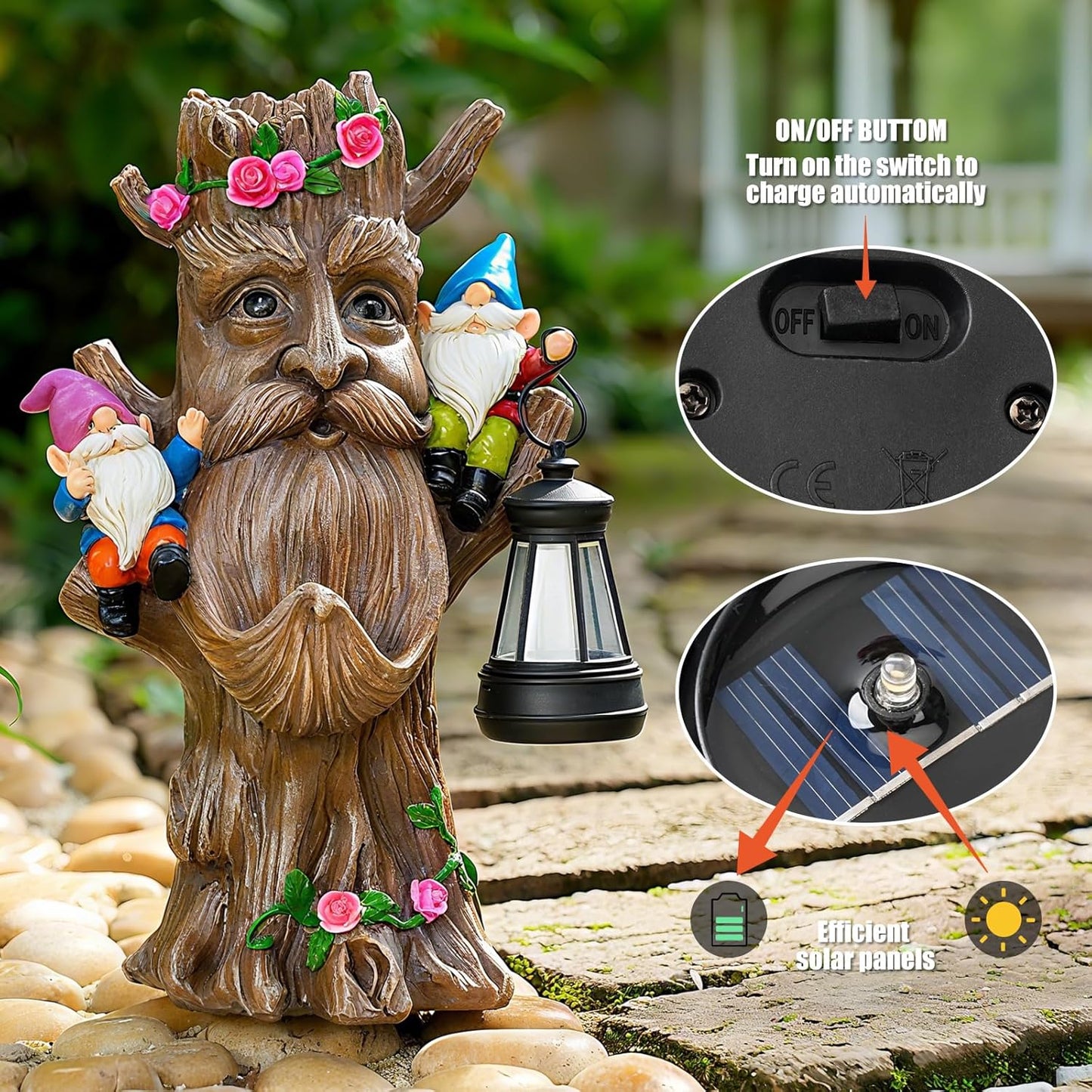 Whimsical Tree Ent Garden Statue with Gnomes – Solar Powered Outdoor Decor with LED Lantern, Funny Yard Ornament for Lawn, Patio, Porch, or Garden Pathway (Tree Face)