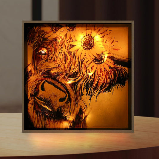 Animal Highland Cow Wall Art with Night Light Painting Woodgrain Picture Framed Modern for Bathroom Living Room Bedroom Nursery Room Dining Room Kitchen Wall Decor Gifts 11.5"x11.5"